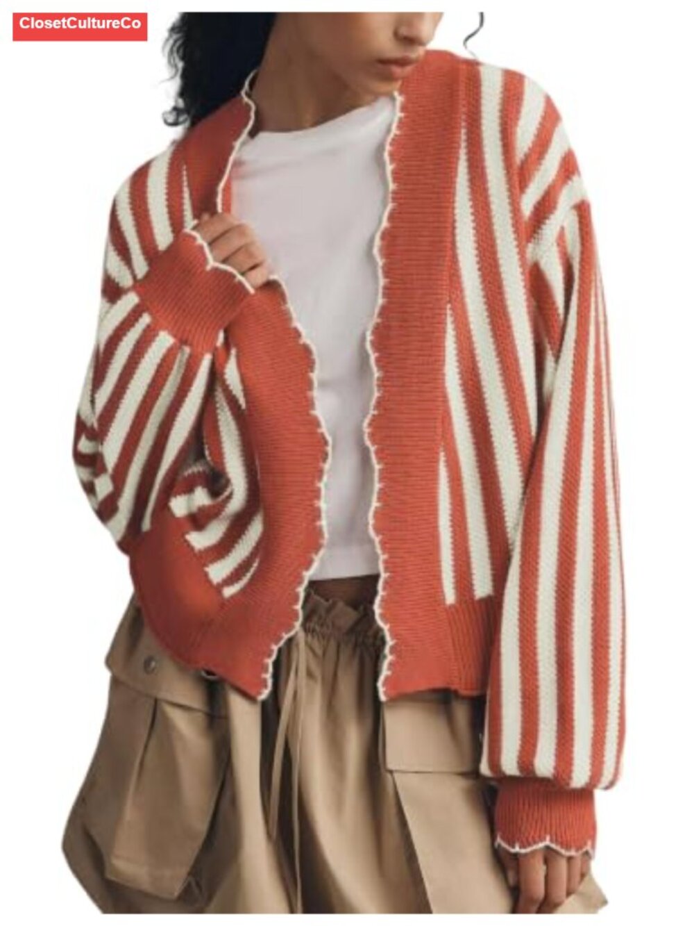 Striped Waffle Knit Open Front Cardigan Ruffle Trim Cropped Sweater